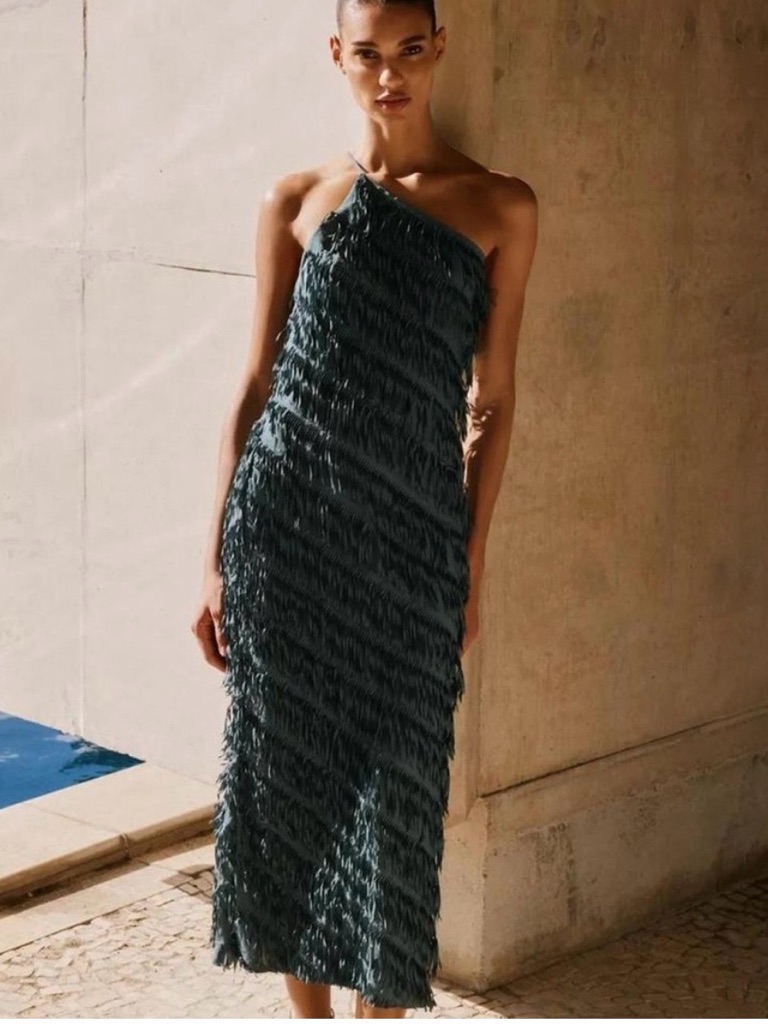 New One-Shoulder Teal Fringe Midi Dress - Never Worn